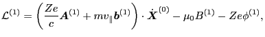 $\displaystyle \mathcal{L}^{(1)} = \left( \frac{Z e}{c} \ensuremath{\boldsymbol{...
...\cdot \dot{\ensuremath{\boldsymbol{X}}}^{(0)} - \mu_0 B^{(1)} - Z e \phi^{(1)},$