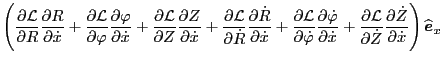 $\displaystyle \left(
\frac{\partial \mathcal{L}}{\partial R} \frac{\partial R}{...
...tial
\dot{Z}}{\partial \dot{x}} \right) \widehat{\ensuremath{\boldsymbol{e}}}_x$
