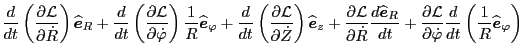 $\displaystyle \frac{d}{d t} \left( \frac{\partial
\mathcal{L}}{\partial \dot{R}...
...d t} \left( \frac{1}{R}
\widehat{\ensuremath{\boldsymbol{e}}}_{\varphi} \right)$