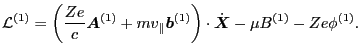 $\displaystyle \mathcal{L}^{(1)} = \left( \frac{Z e}{c} \ensuremath{\boldsymbol{...
...right) \cdot \dot{\ensuremath{\boldsymbol{X}}} - \mu B^{(1)} - Z e \phi^{(1)} .$