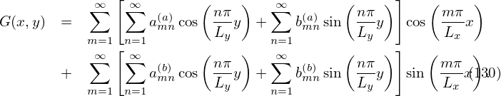                [                                   ]
            ∞∑   ∑∞  (a)   ( nπ )   ∑∞  (a)   ( nπ )     ( mπ  )
G (x,y) =          amn cos  Lyy  +    bmn sin  Lyy   cos  Lx-x
            m=1[n=1       (    )   n=1      (    ) ]   (     )
            ∞∑   ∑∞  (b)     nπ-    ∑∞  (b)     nπ-        mπ-
        +          amn cos  Lyy  +    bmn sin  Lyy   sin  Lx x(1.30)
            m=1 n=1                n=1
