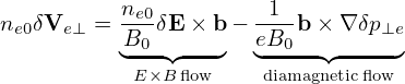 n δV    = ne0δE ×b − -1-b × ∇ δp
 e0  e⊥   B◟0-◝◜---◞  e◟B0--◝◜---⊥e◞
           E×B ﬂow     diamagneticﬂow
