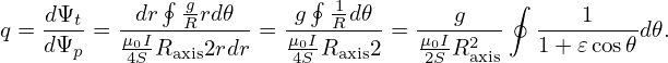              ∮ g-         ∮-1             ∮
q = dΨt-= μdrI--Rrd𝜃--=  gμI-R-d𝜃-=  μI-g----  ---1----d𝜃.
   dΨp    40S-Raxis2rdr   40S Raxis2  20S R2axis  1+ 𝜀cos𝜃
