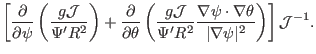 $\displaystyle \left[ \frac{\partial}{\partial \psi} \left(
\frac{g\mathcal{J}}{...
...t \nabla
\theta}{\vert \nabla \psi \vert^2} \right) \right] \mathcal{J}^{- 1} .$