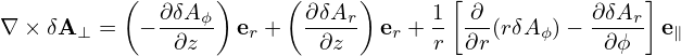           (       )     (     )       [               ]
             ∂δA-ϕ        ∂δAr-     1  ∂--        ∂δAr-
∇ × δA⊥ =   −  ∂z   er +   ∂z   er + r ∂r(rδAϕ)−   ∂ϕ  e∥
