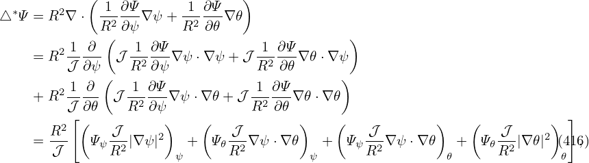     ∫
Iϕ =   JϕdS
    ∫  (  dP   1  dgg )
  =     R ---+ -------  dRdZ
    ∫  [ (dΨ  )μ0dΨ R                        ]
  =     R  −-1  (P0 − Pb)ˆp′(Ψ) −-1--1g2γ 1-ˆg′(Ψ) dRdZ          (421)
            Δ                  μ0R 2 0 Δ
