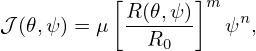           [R (𝜃,ψ )]m
𝒥 (𝜃,ψ) = μ -------  ψn,
             R0
